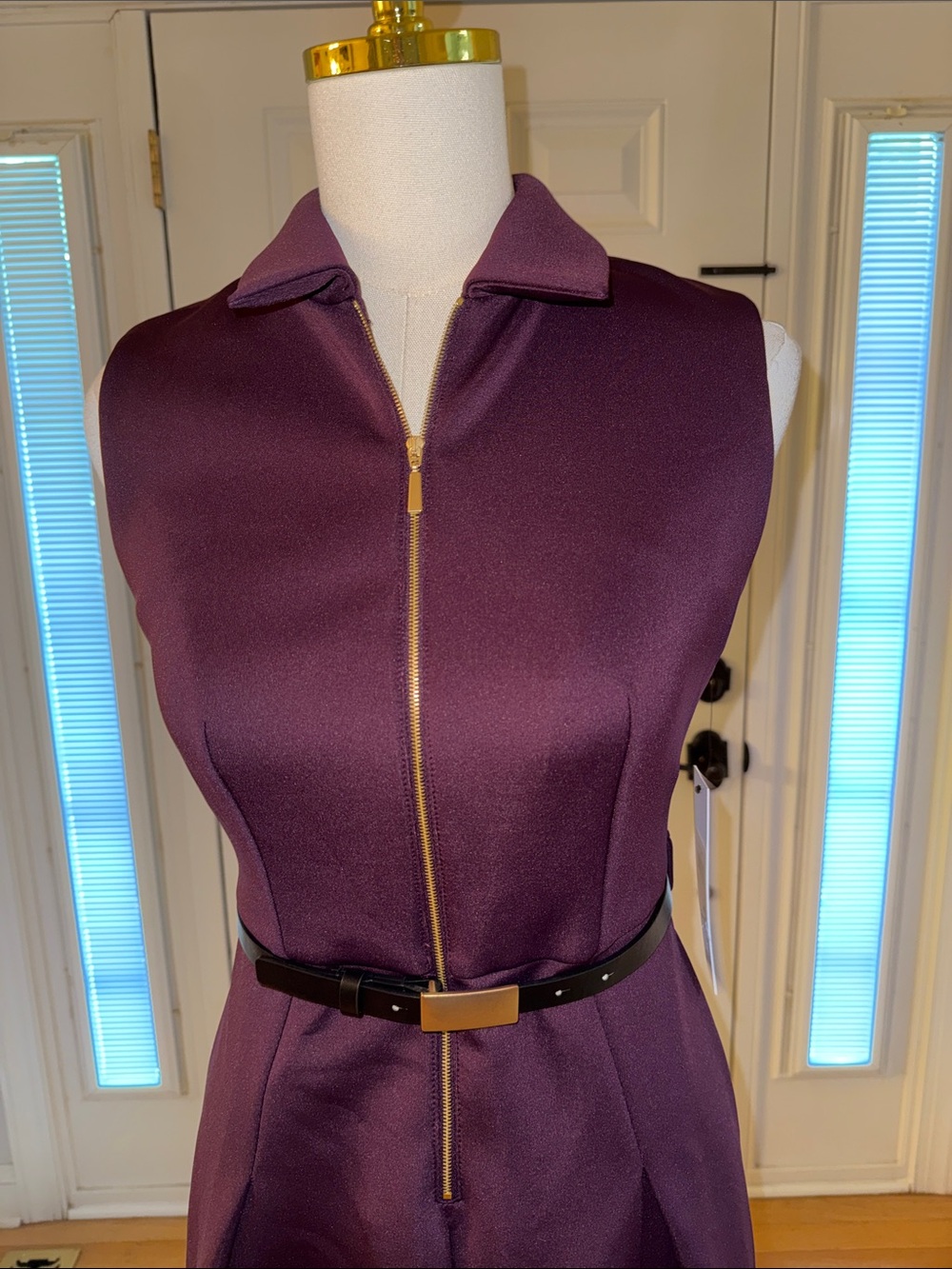 Calvin Klein Sleeveless Zip-Front Fit-and-Flare Dress in Plum - Picture 4 of 6